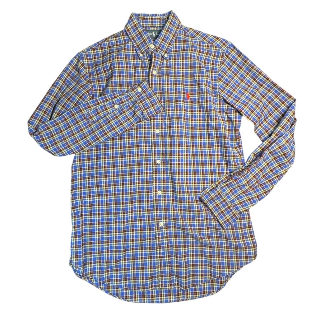 Polo Ralph‎ Lauren Custom Fit Oxford Shirt Mens Med Blue Plaid Button Down Pony